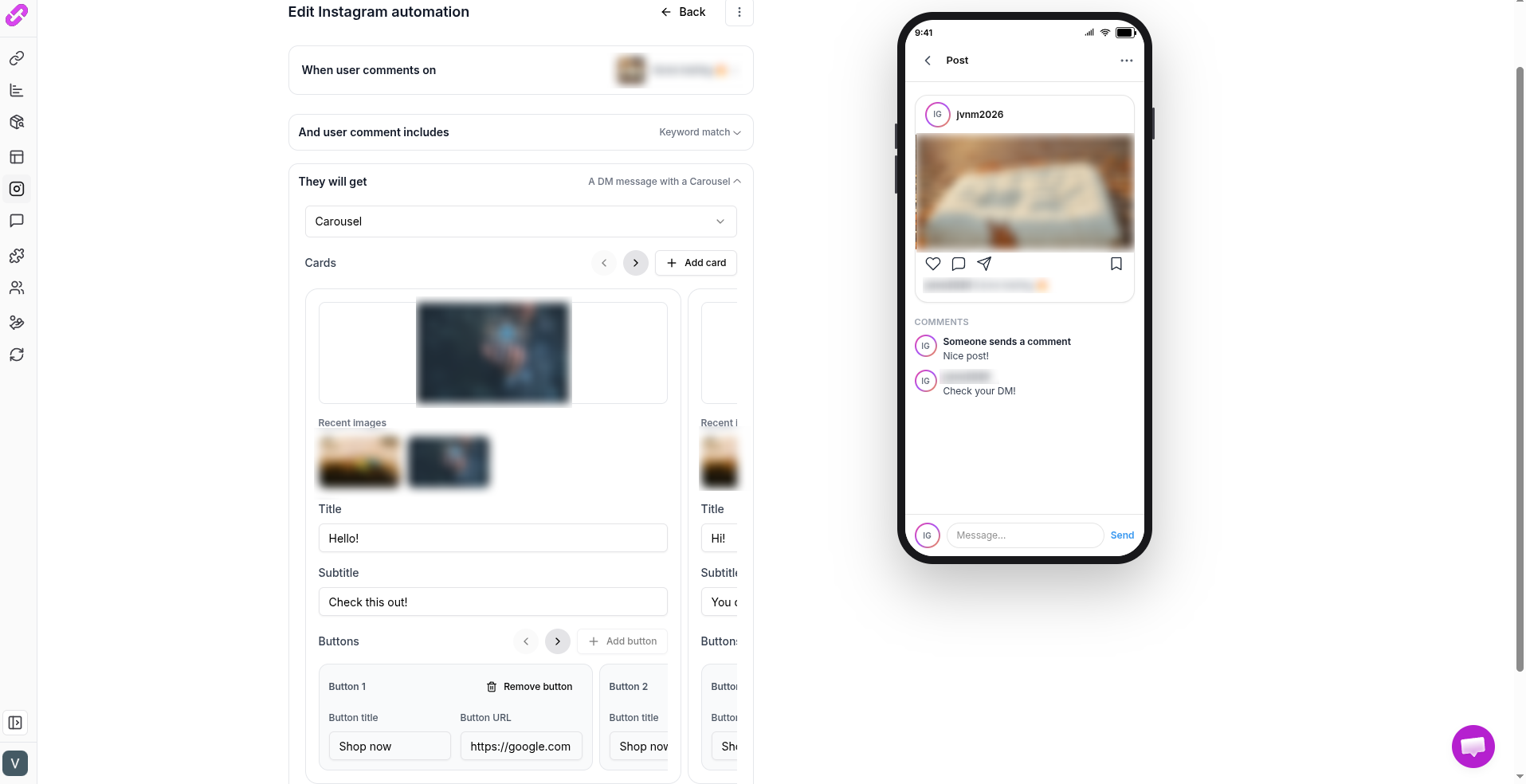 Building a carousel DM in the JoyLink Instagram automation editor, with the live comment-to-DM preview
